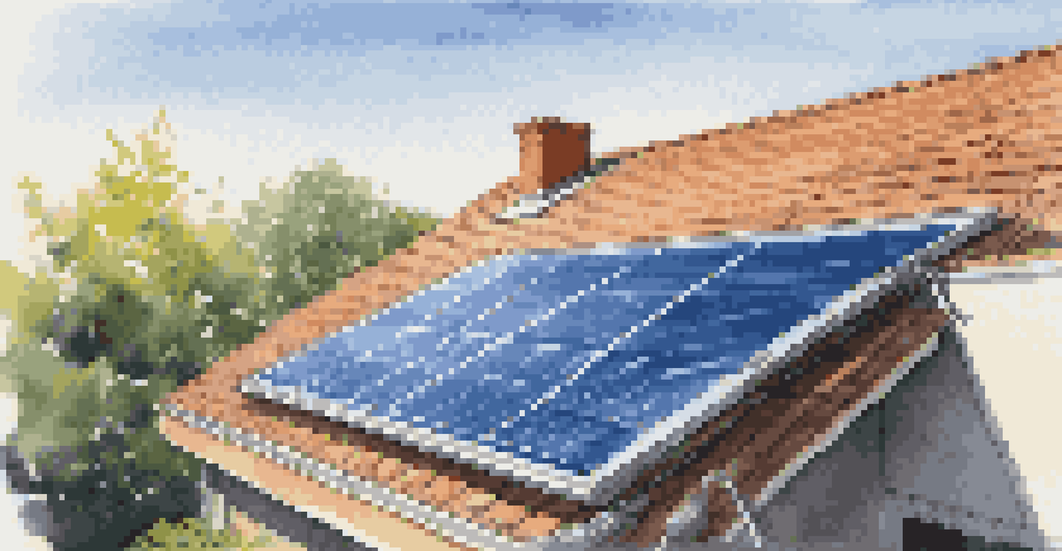 Close-up of a solar panel on a rooftop with blue skies and a garden in the background.
