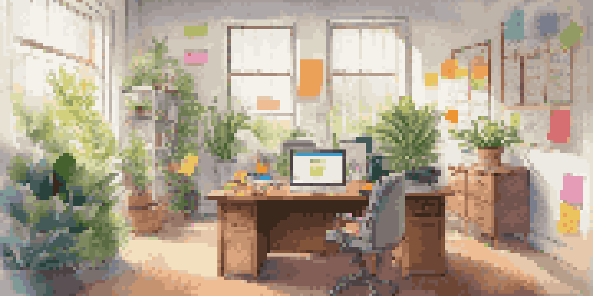 A bright and organized office with a wooden desk, an open laptop showing compliance documents, and colorful sticky notes, illuminated by natural light.