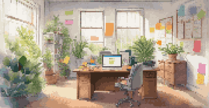A bright and organized office with a wooden desk, an open laptop showing compliance documents, and colorful sticky notes, illuminated by natural light.
