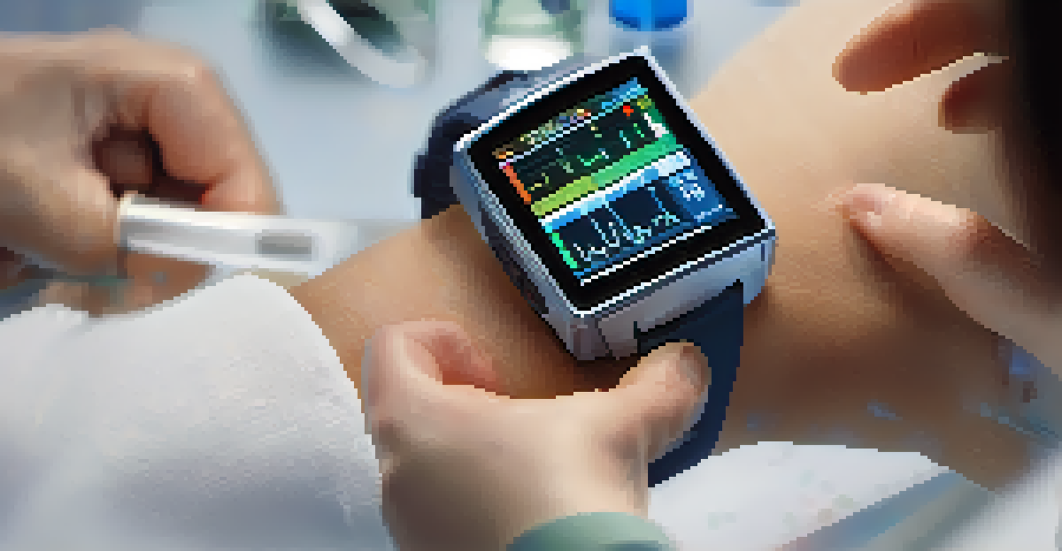 A close-up of a wearable health device showing vital signs, with a healthcare professional in the background.