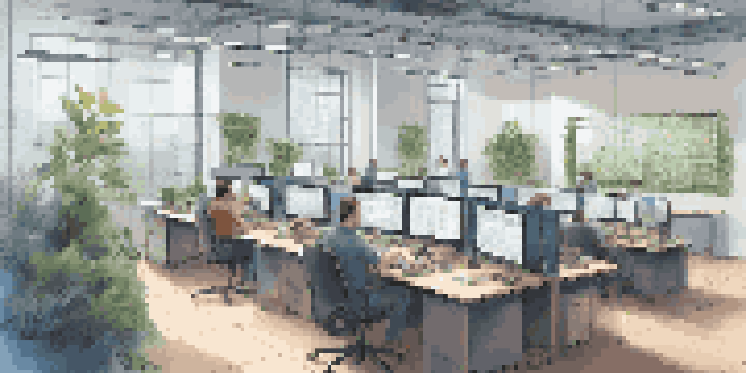 A bright modern office with developers working together, multiple screens showing code and diagrams, and plants in the background.