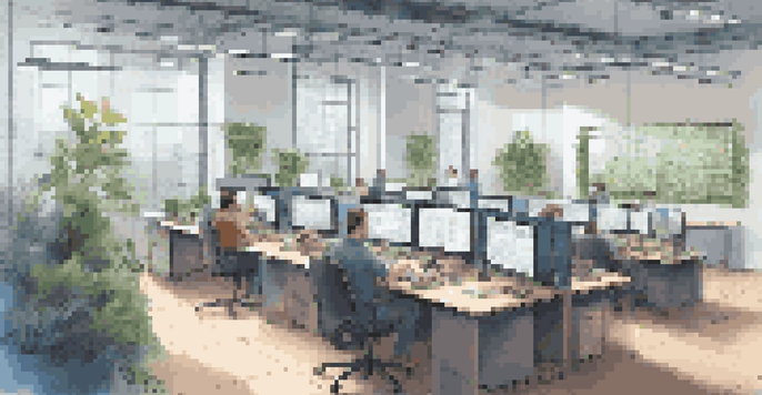 A bright modern office with developers working together, multiple screens showing code and diagrams, and plants in the background.