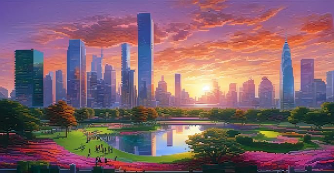 A vibrant sunset over a futuristic city skyline with modern skyscrapers and green parks filled with people.