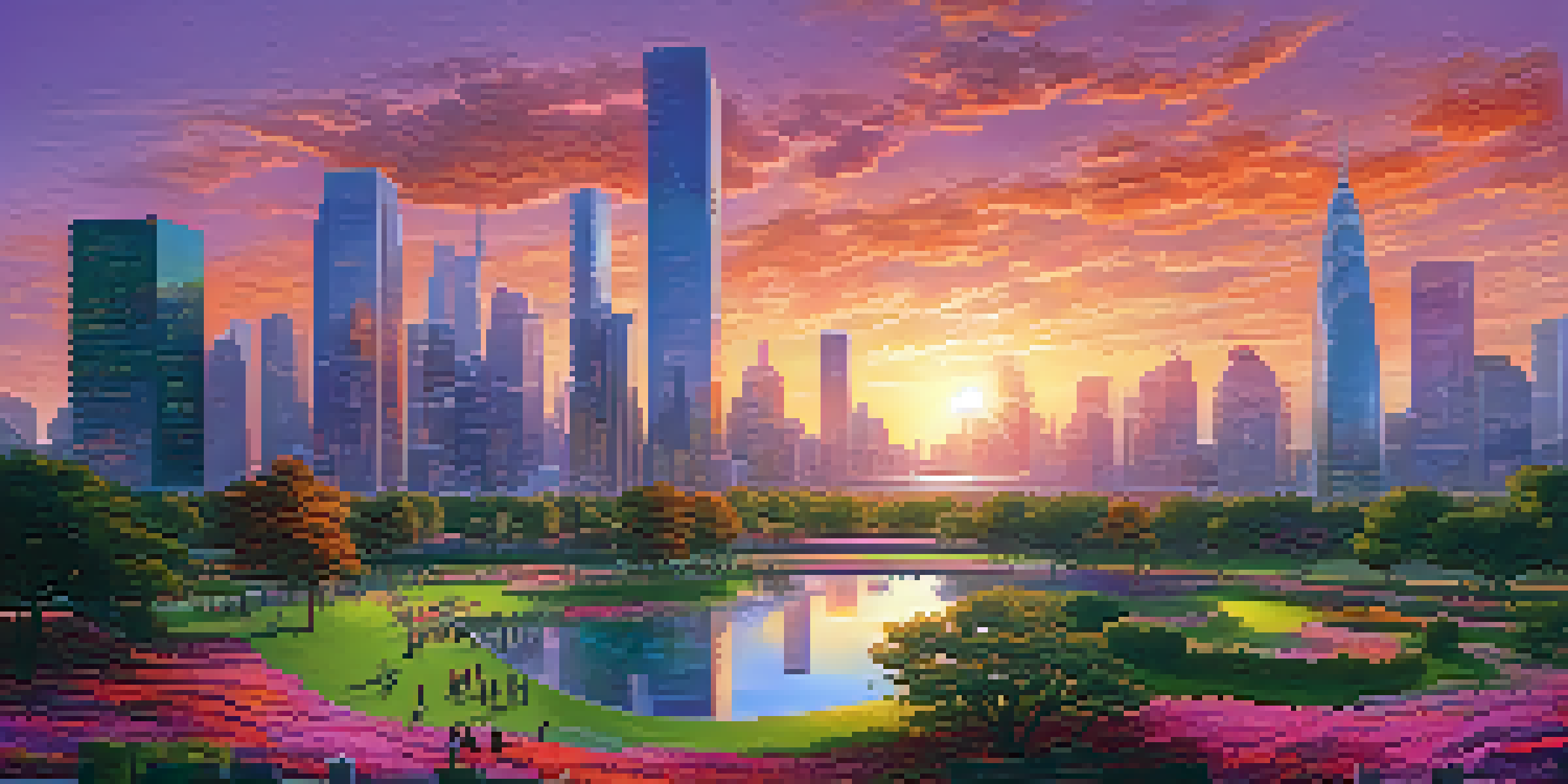 A vibrant sunset over a futuristic city skyline with modern skyscrapers and green parks filled with people.