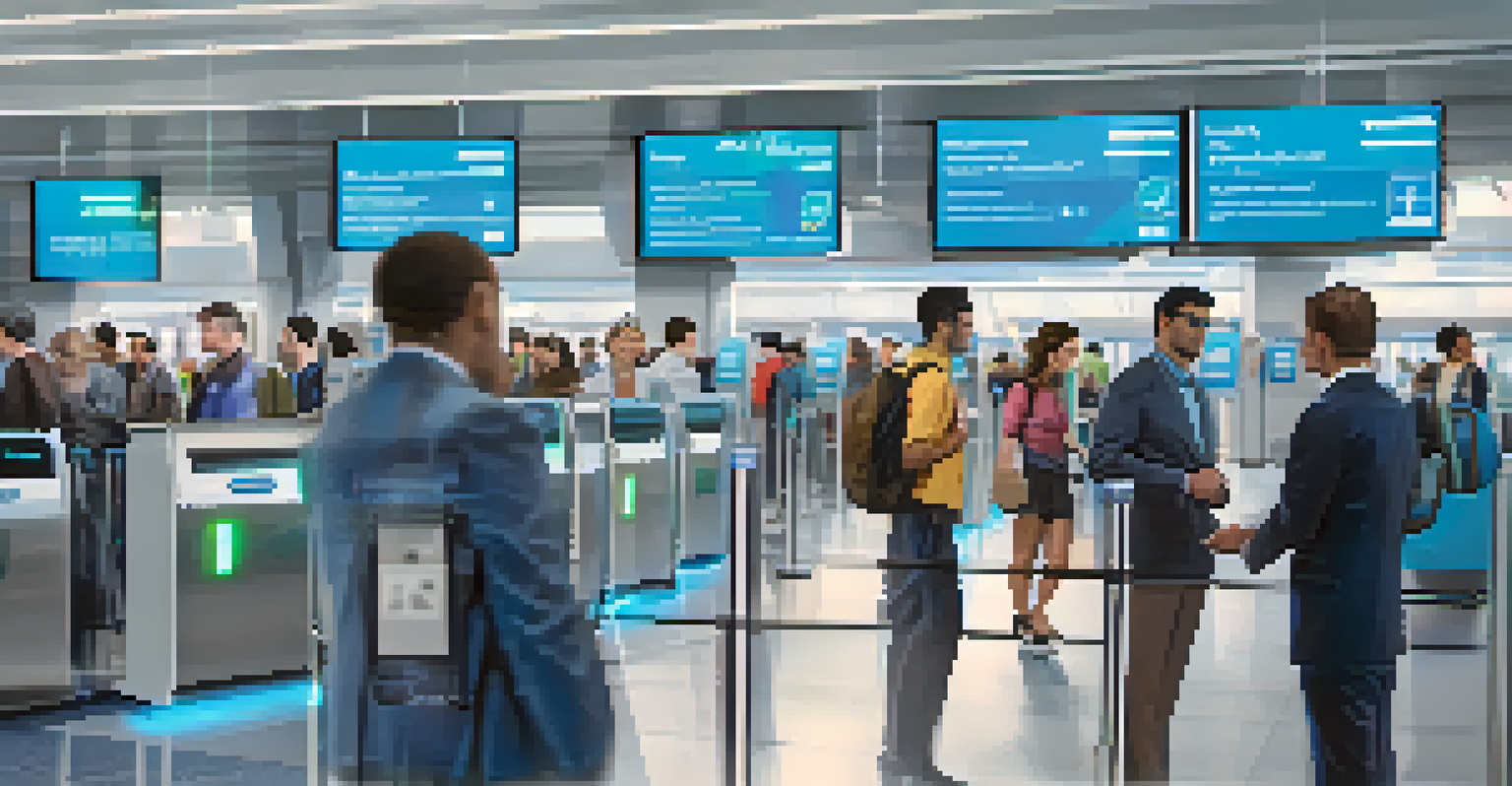 An airport biometric check-in scene with a traveler using a facial recognition terminal.