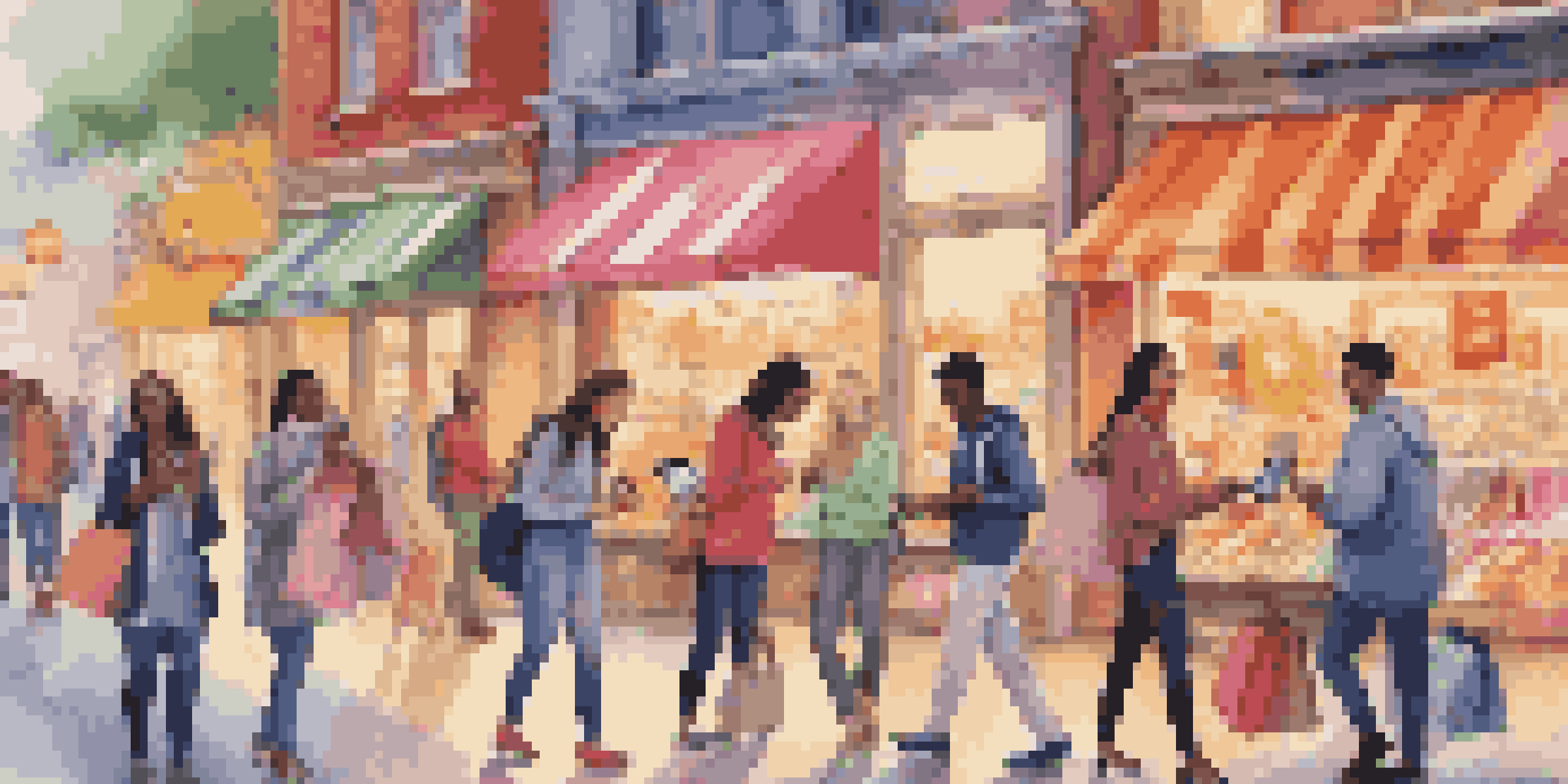 A lively marketplace with young adults using smartphones to shop on social media, surrounded by colorful product posts and visible payment options.