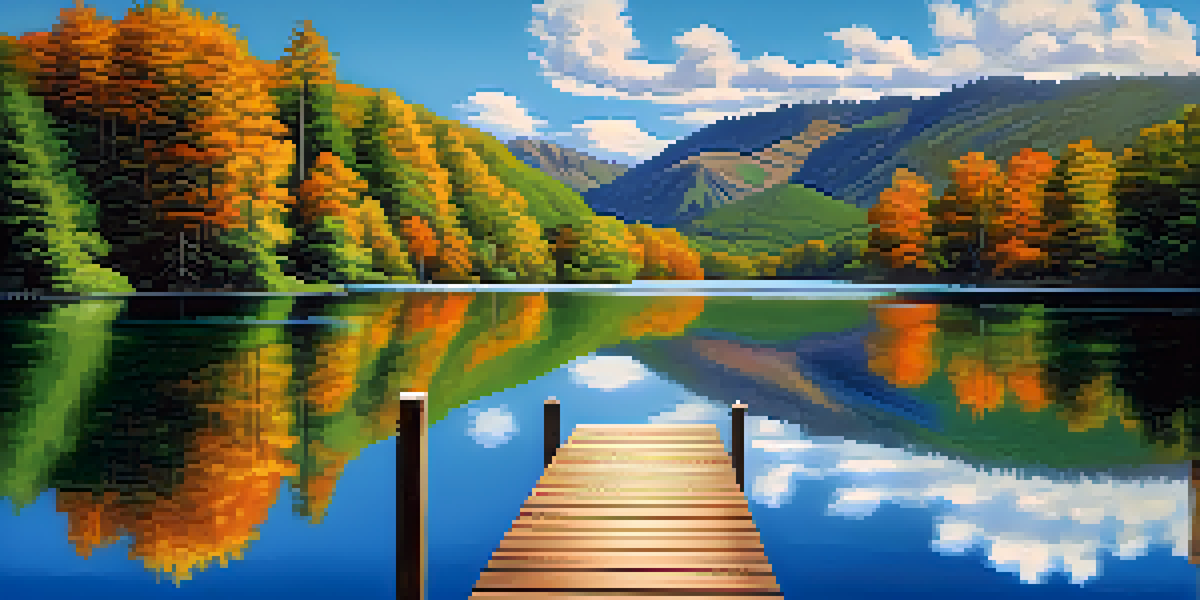 A peaceful lake surrounded by green mountains and a clear blue sky, with a wooden dock extending into the water.