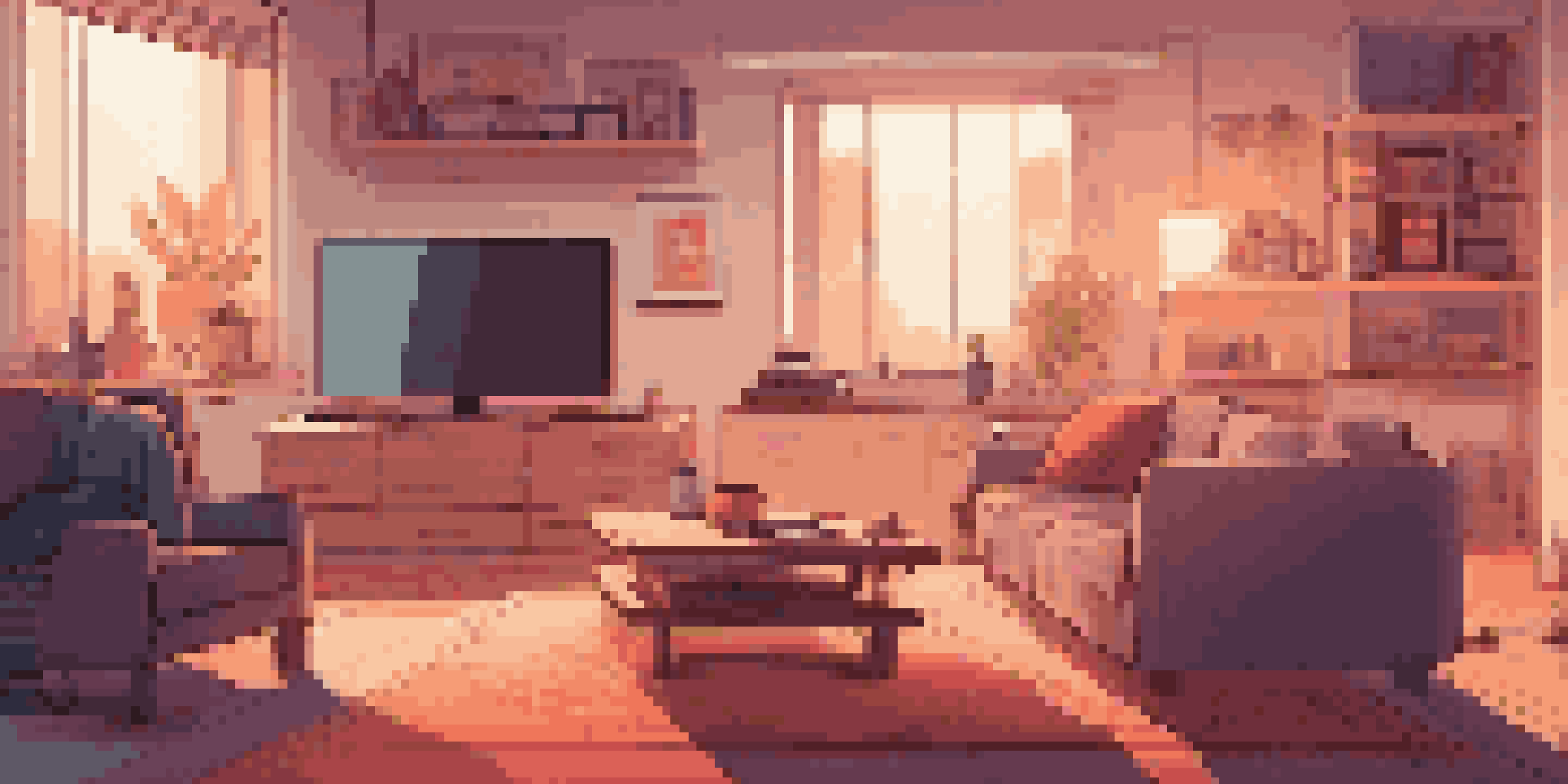 A cozy living room with a gaming setup, large screen, and ambient lighting, decorated with gaming posters.