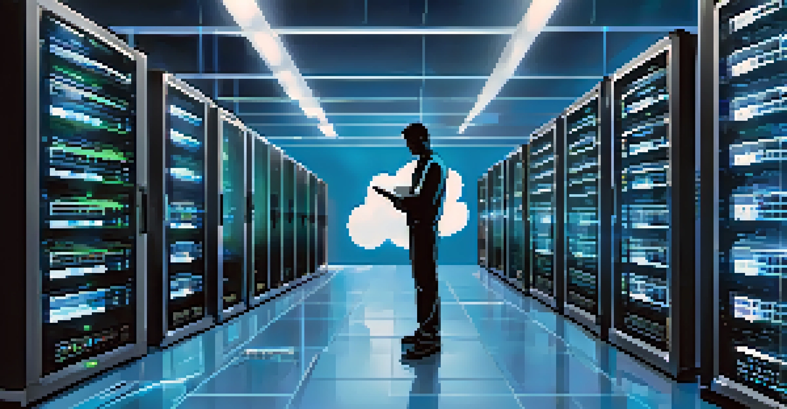 A cloud server room with glowing servers, where a technician is performing a data backup on a computer, surrounded by screens showing progress and security alerts.