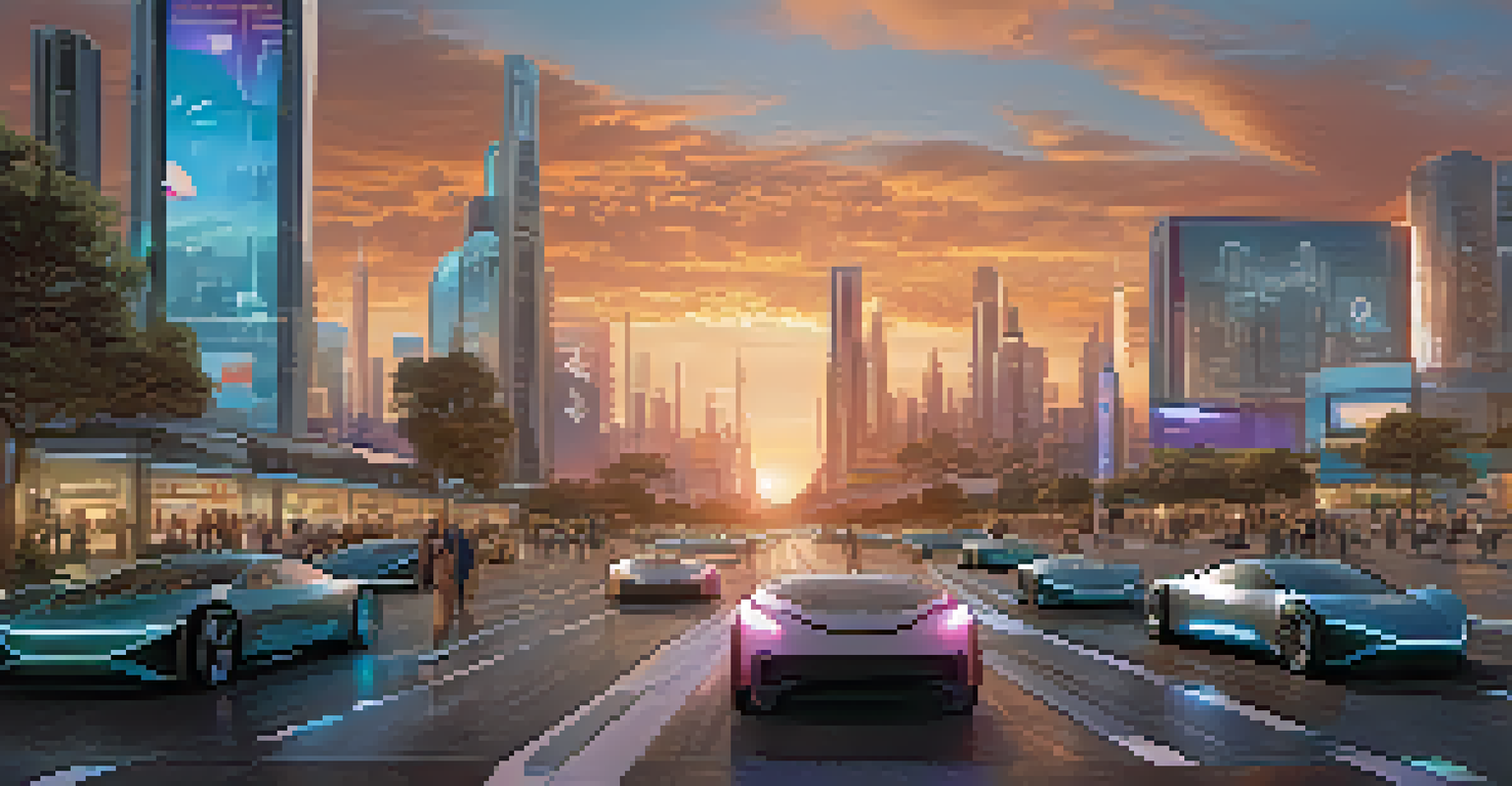A vibrant sunset over a futuristic city with autonomous vehicles and people using smart technology.