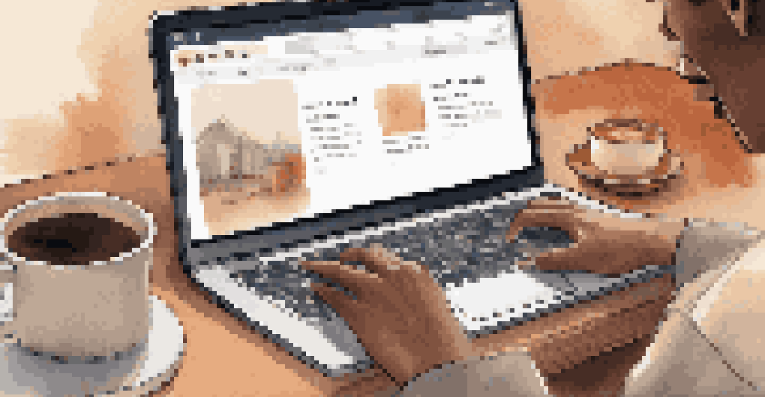 A close-up of a person using a laptop for keyword research, with a warm-lit room and a coffee cup beside the laptop.