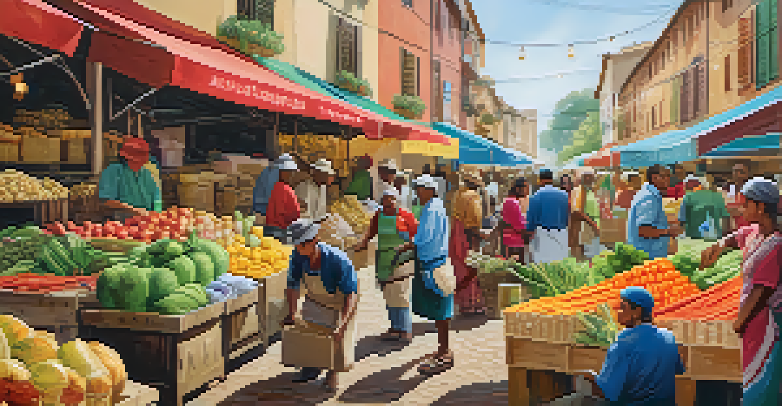 A lively marketplace featuring local artisans showcasing eco-friendly packaging materials and fresh produce.