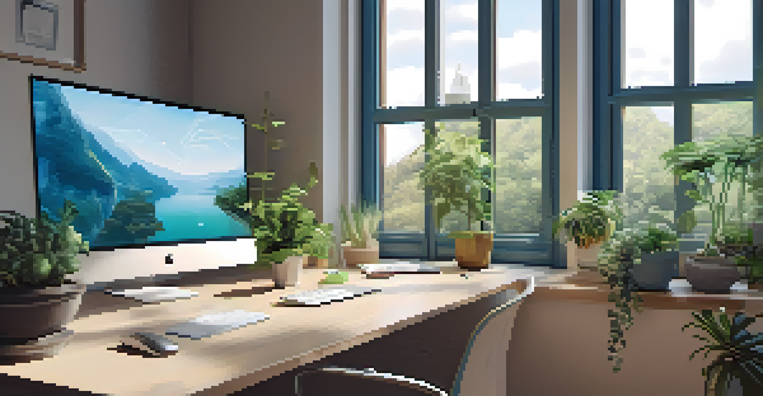 A modern office with a desk, laptop showing metrics, plants, and natural light.