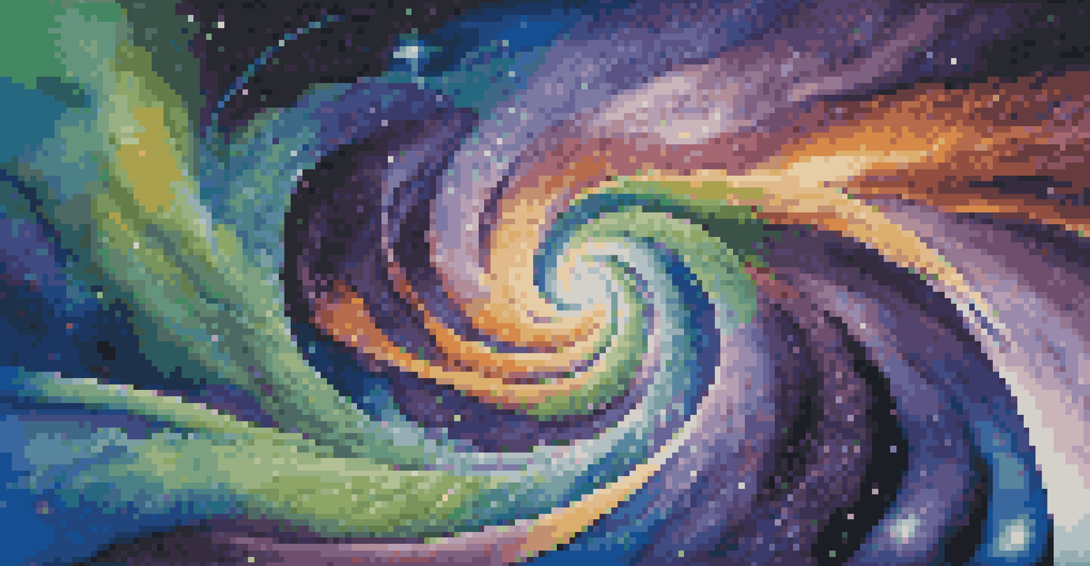 An abstract representation of quantum mechanics with colorful energy waves and interconnected qubits set against a deep space background.
