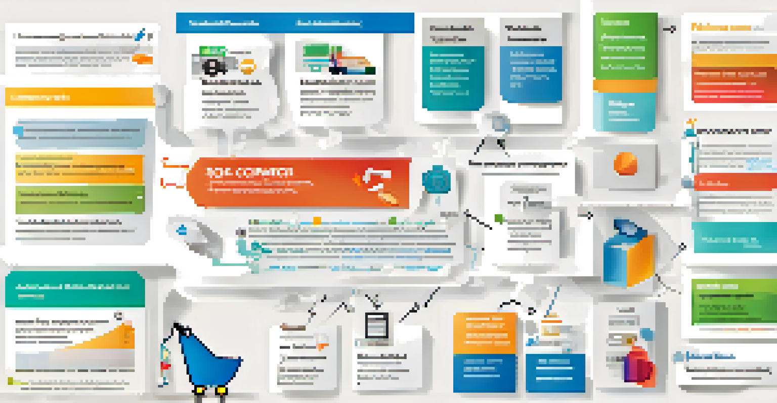 An infographic illustrating e-commerce SEO components like keyword research, on-page optimization, and link building, with colorful sections and icons.