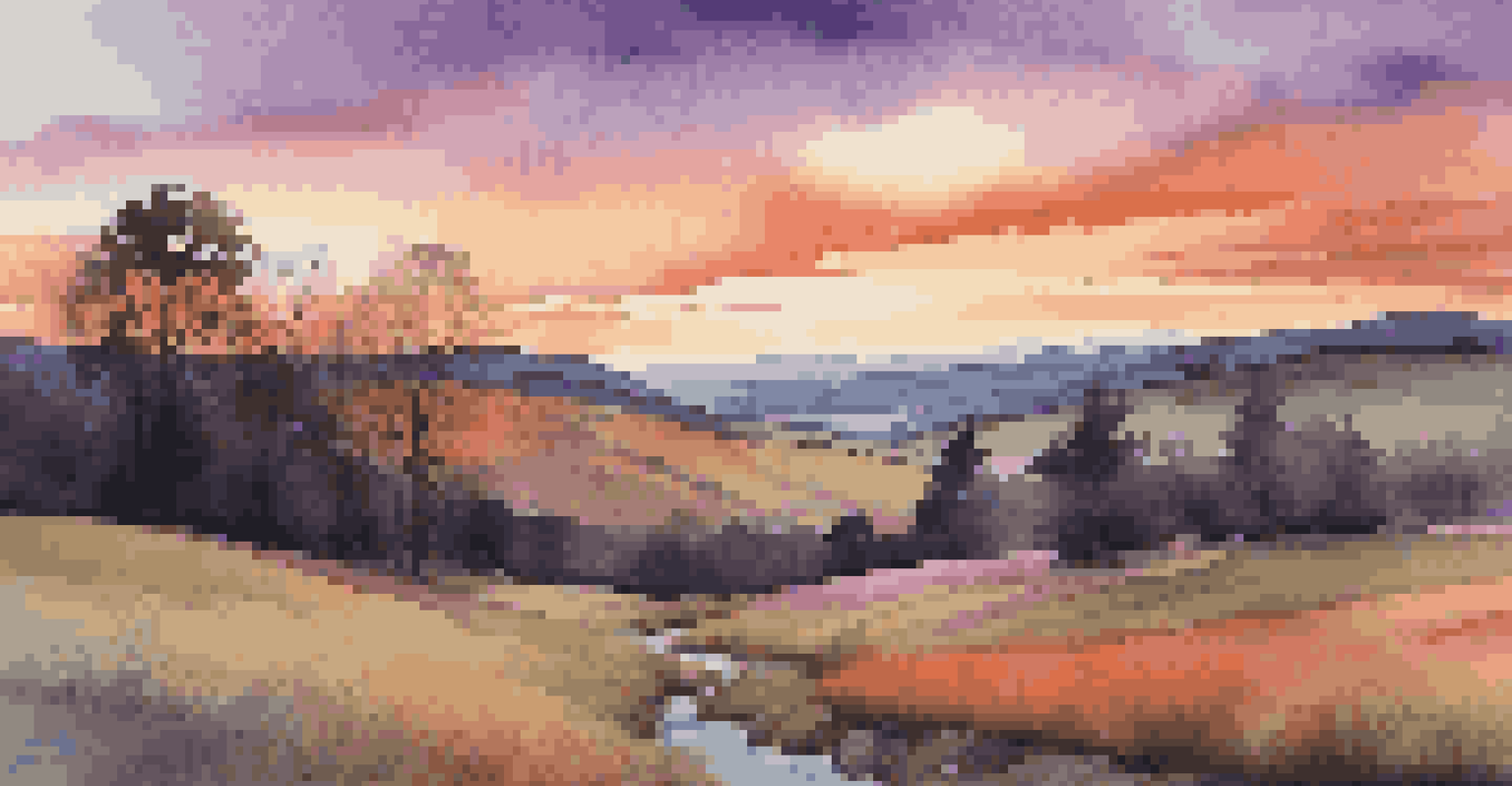 A peaceful sunset landscape with rolling hills and a winding river, showcasing a sky filled with vibrant colors.