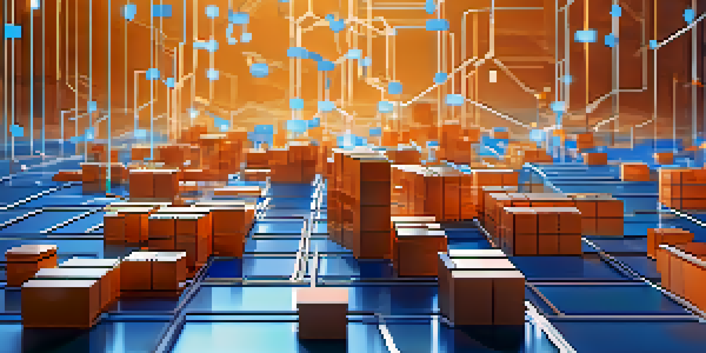 An illustration showing interconnected blocks in a blockchain network against a blue background, with glowing lines representing data flow.