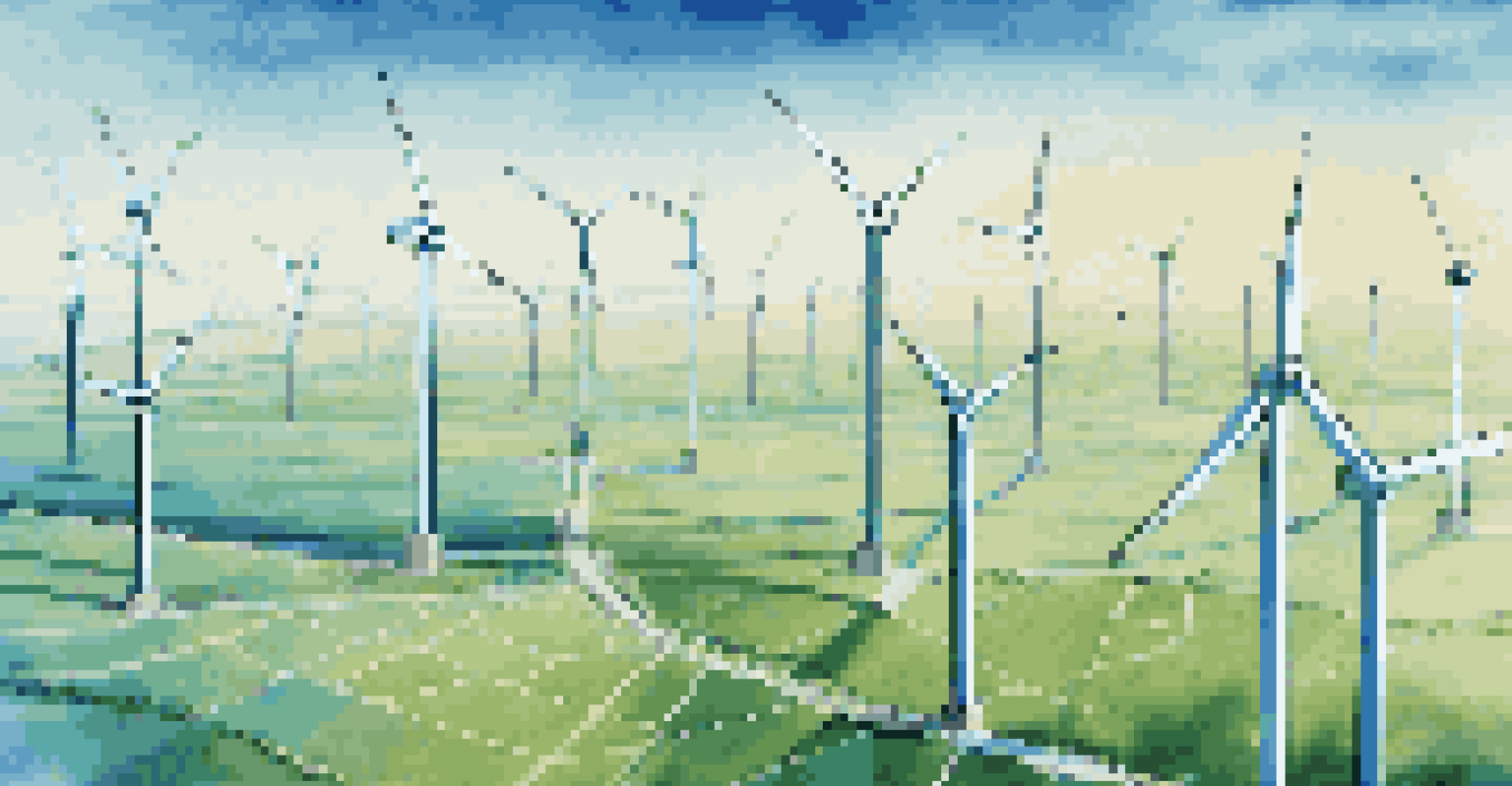 Aerial view of wind turbines with digital data overlay showing performance metrics.
