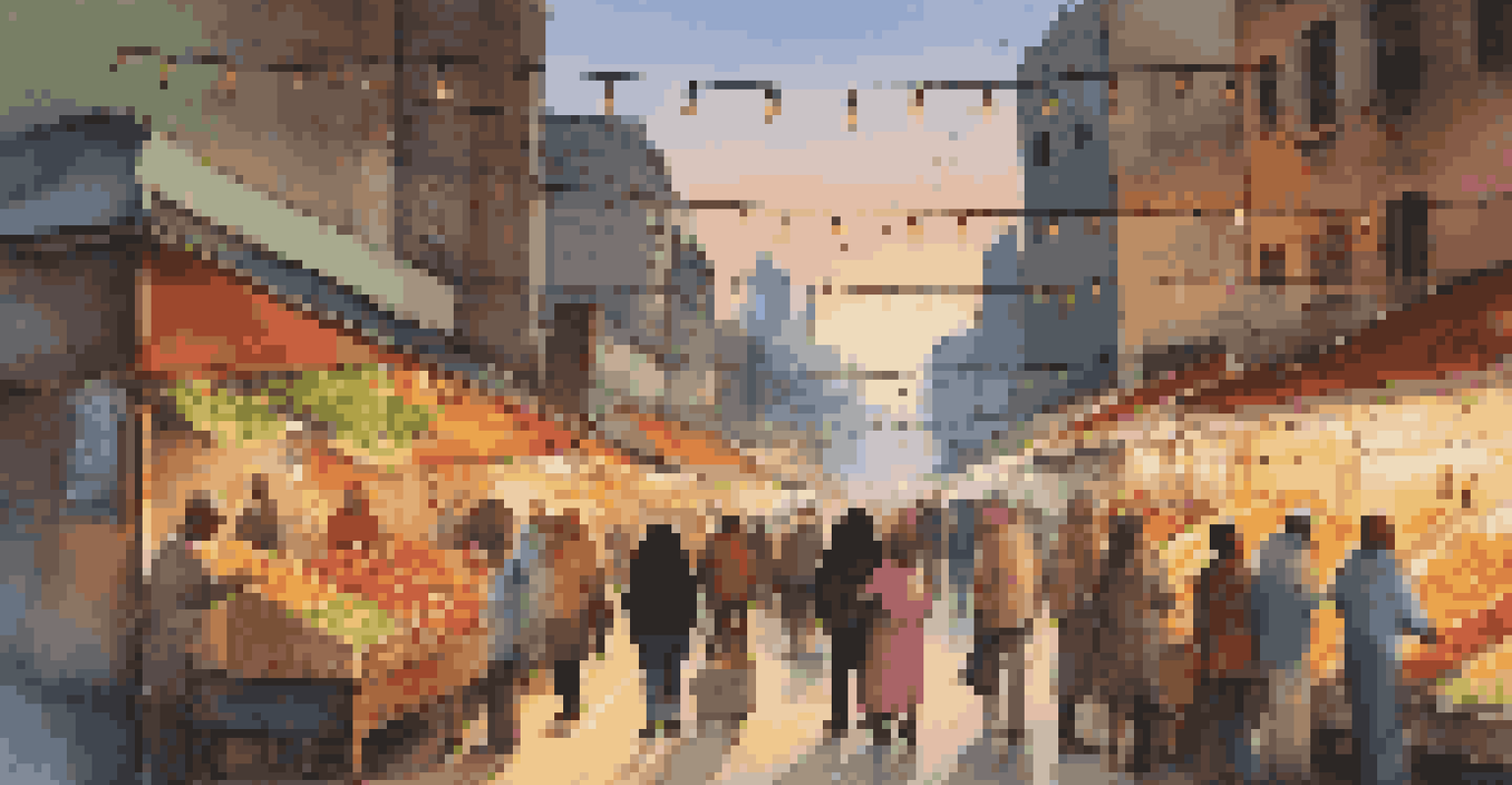 A lively street market at dusk with colorful stalls and fairy lights, showcasing people enjoying the vibrant atmosphere.