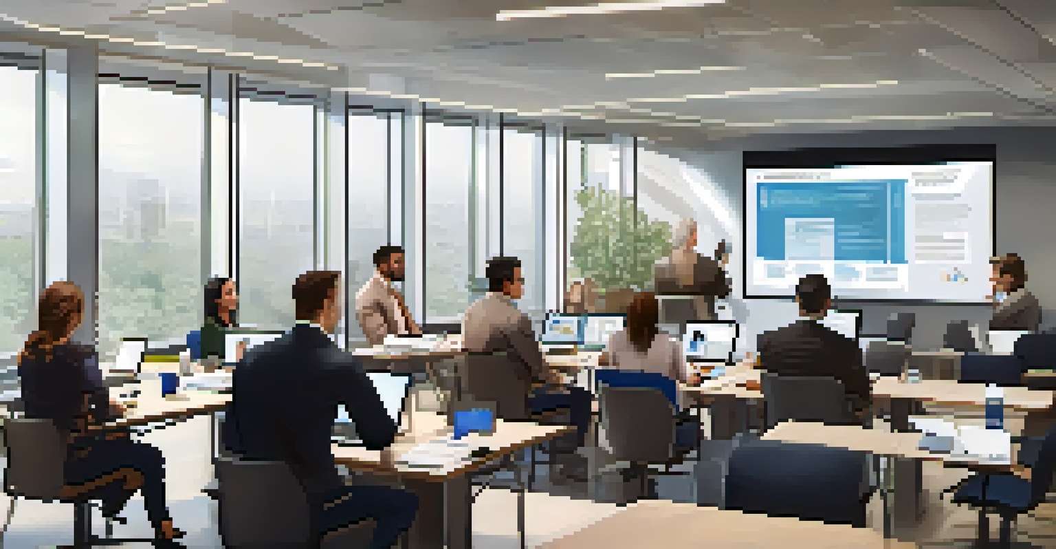 A diverse group of employees in an office training session about multi-factor authentication, with a projector displaying information on a screen.