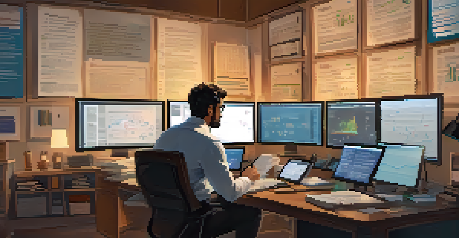 A data scientist deeply focused on multiple screens displaying data visualizations of sentiment analysis and text classification.