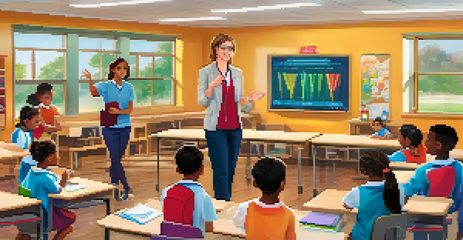 A teacher demonstrating sign language recognition technology to deaf students in a bright and colorful classroom.