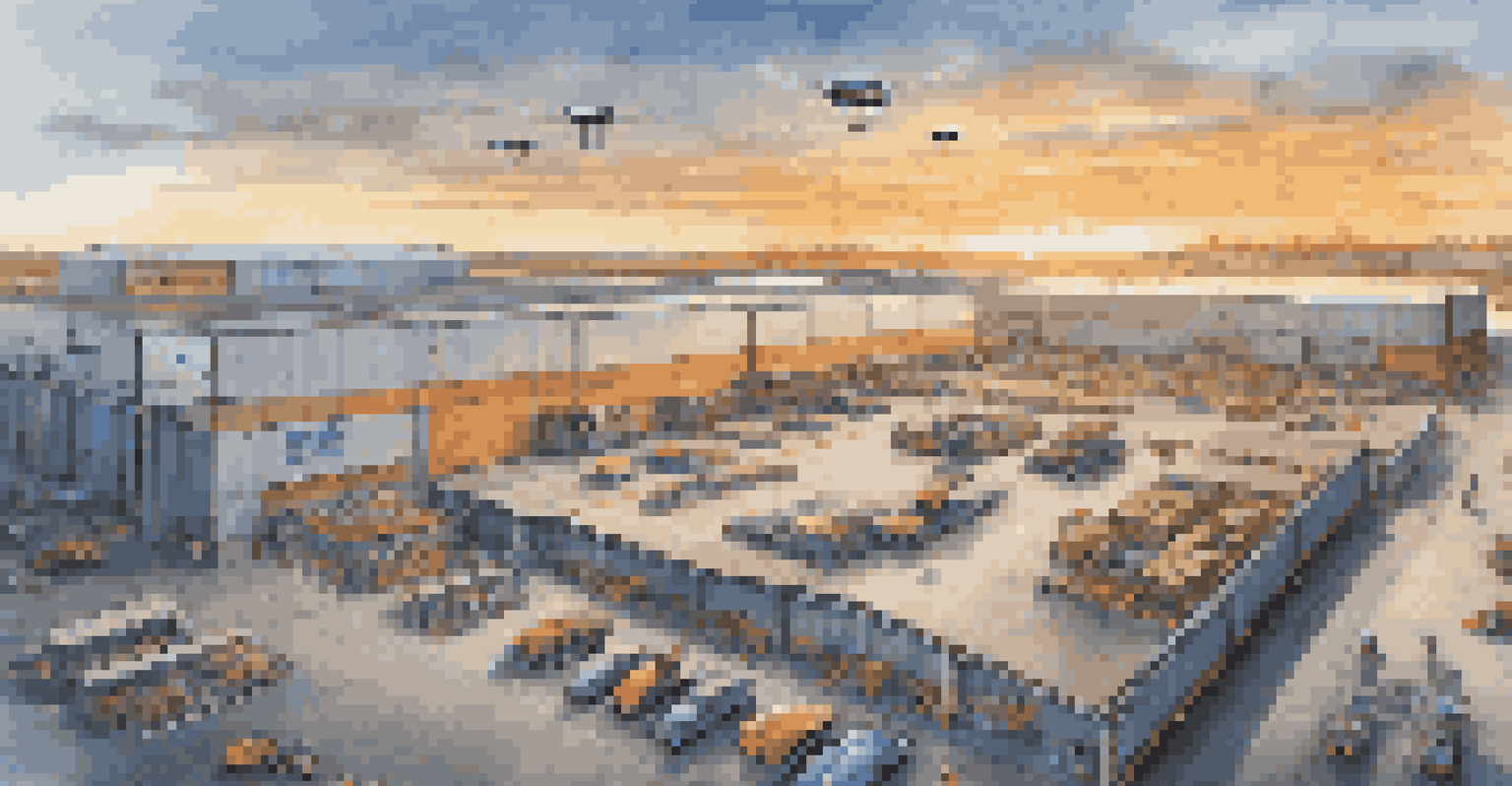 An aerial view of a logistics hub with automated drones and ground robots managing inventory, set against a warm sunset.