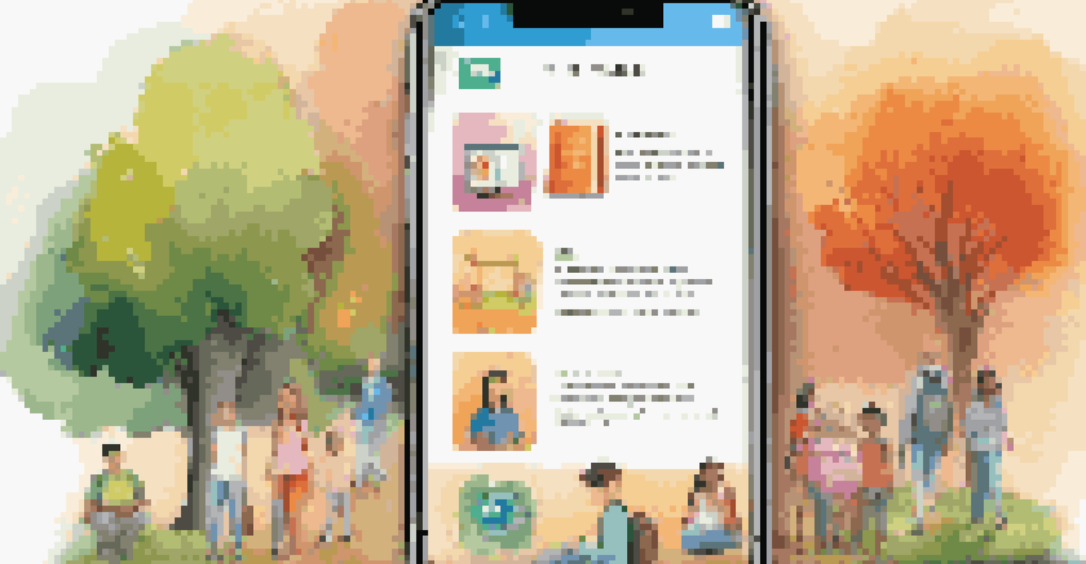 A mobile app interface for an educational CMS displayed on a smartphone, featuring vibrant colors and personalized content, with a student using the phone in a park.