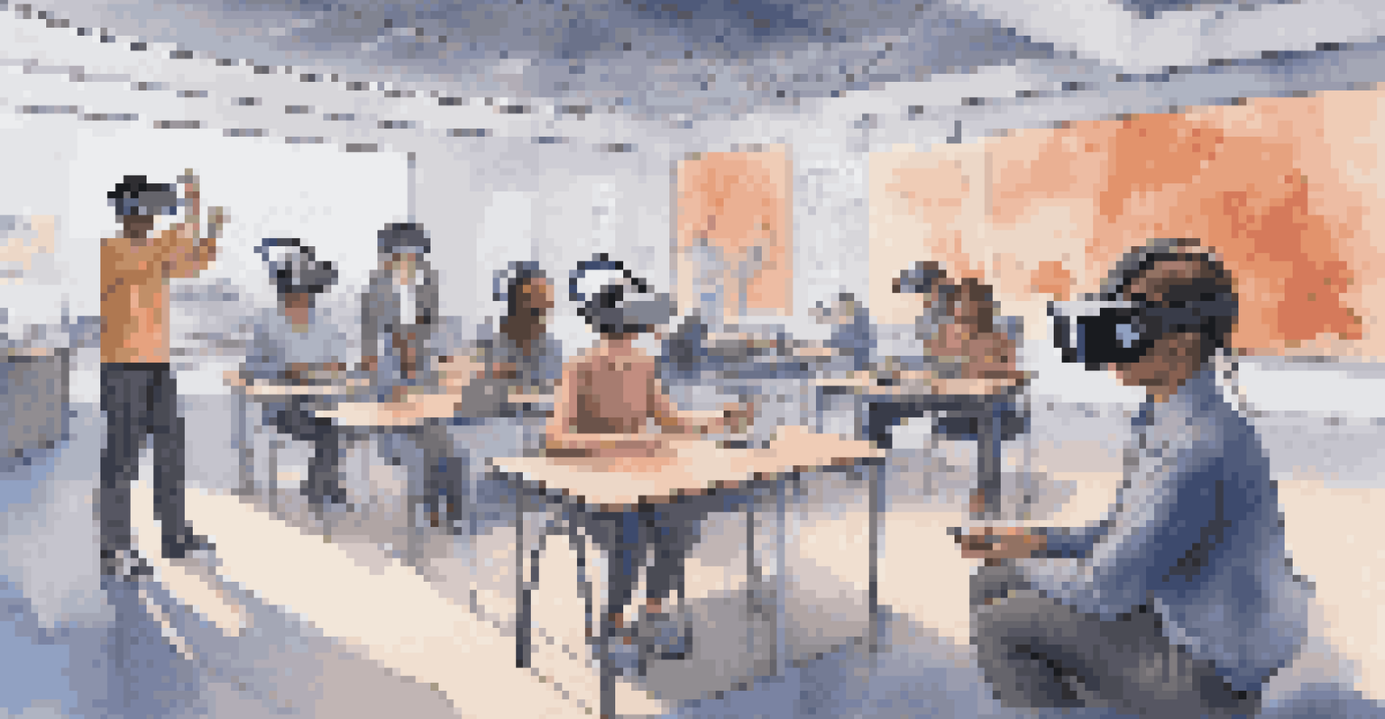 Students using virtual reality headsets to engage in emotional intelligence training in a modern classroom.