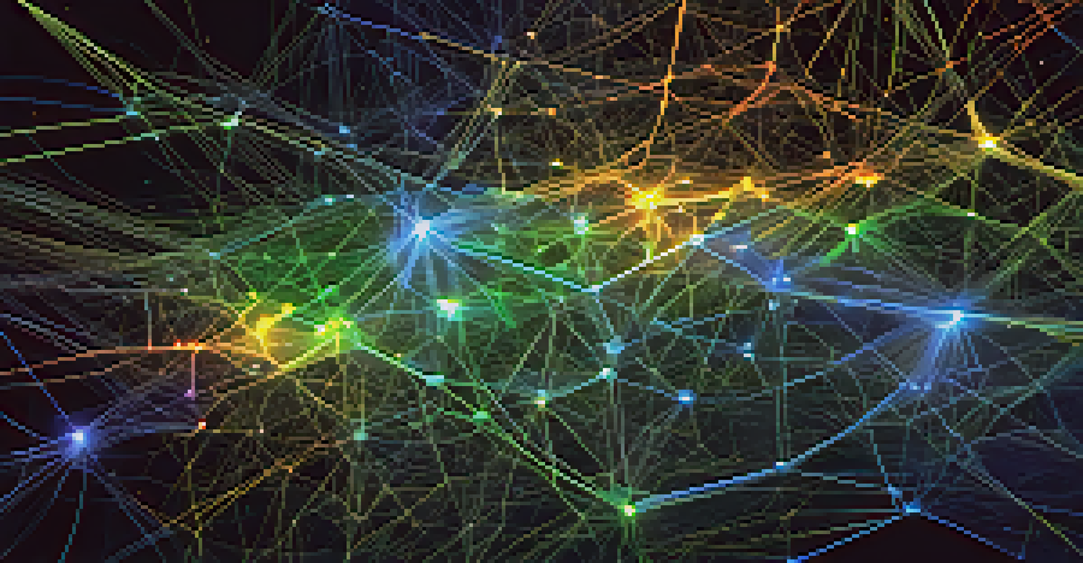 A visual representation of machine learning algorithms depicted as vibrant neural networks with glowing nodes and connections.