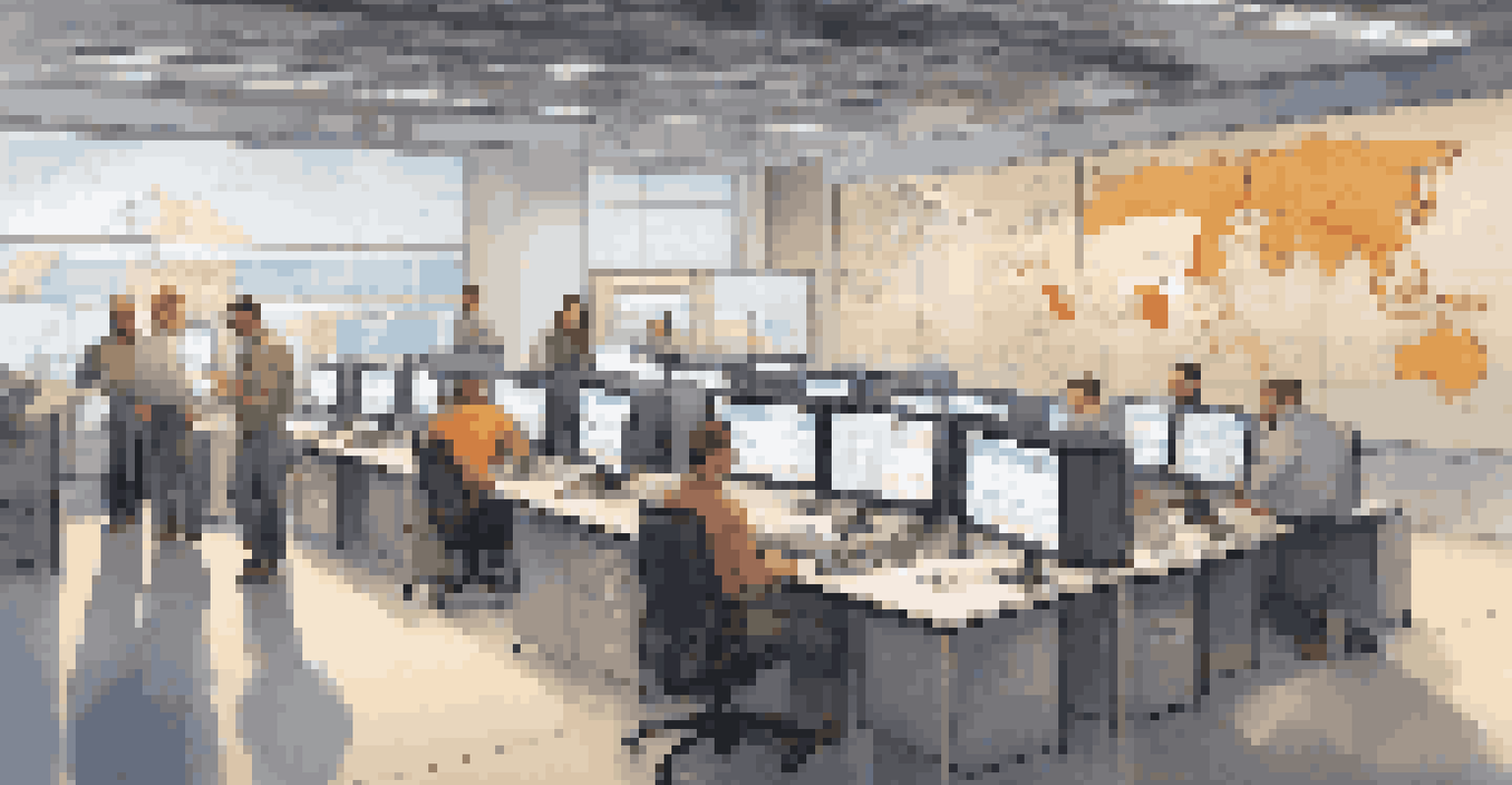 An office scene with employees monitoring shipments and using tracking software on screens.