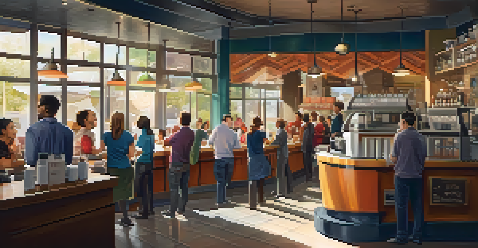 A bustling coffee shop with a barista making coffee and customers waiting, filled with bright colors and sunlight streaming through windows.