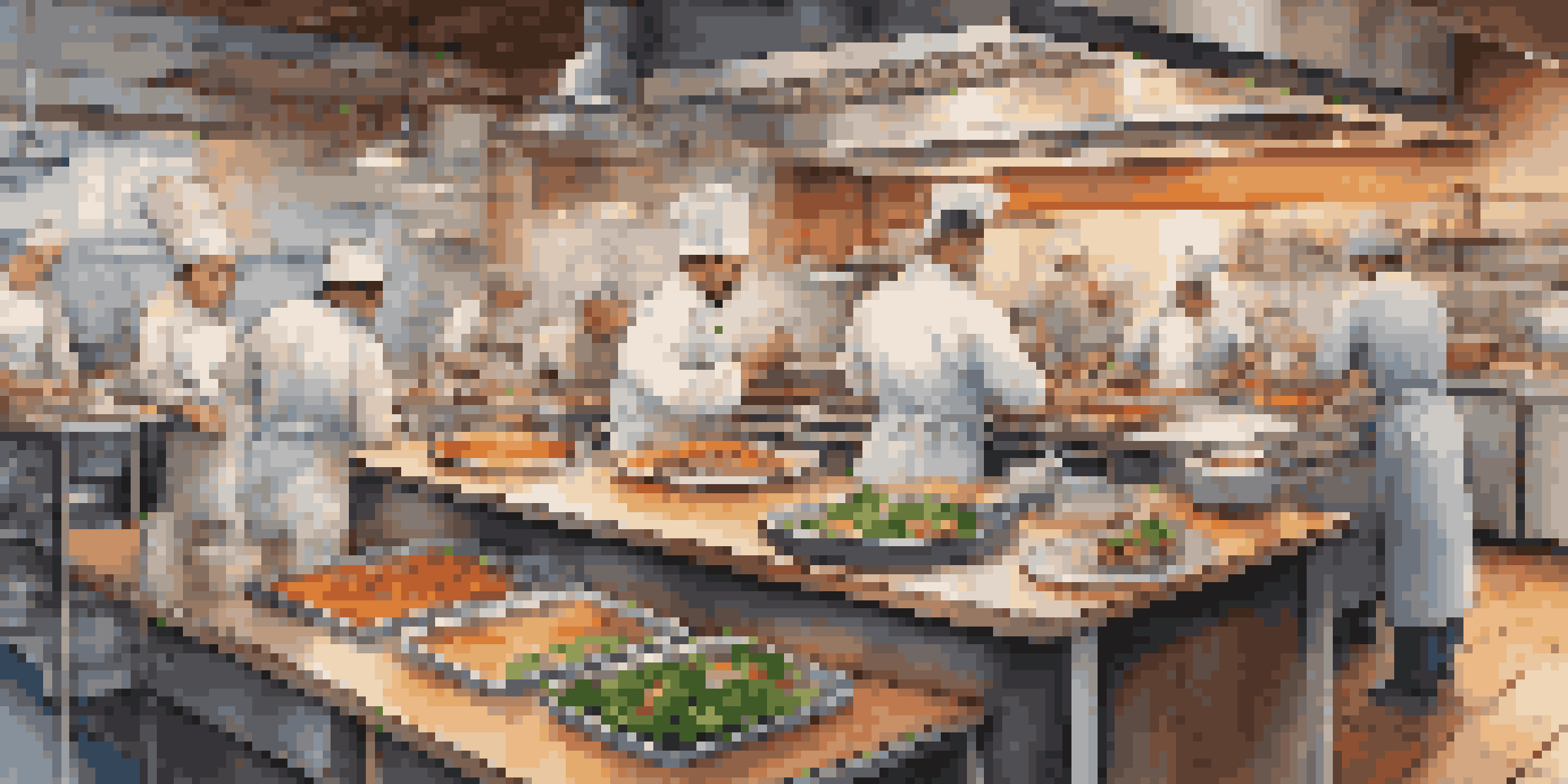 A modern restaurant kitchen with chefs preparing different dishes, showcasing teamwork and vibrant colors.