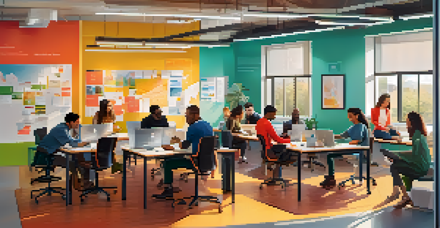 A diverse team of customer support agents collaborating in a bright workspace, surrounded by laptops and colorful walls.