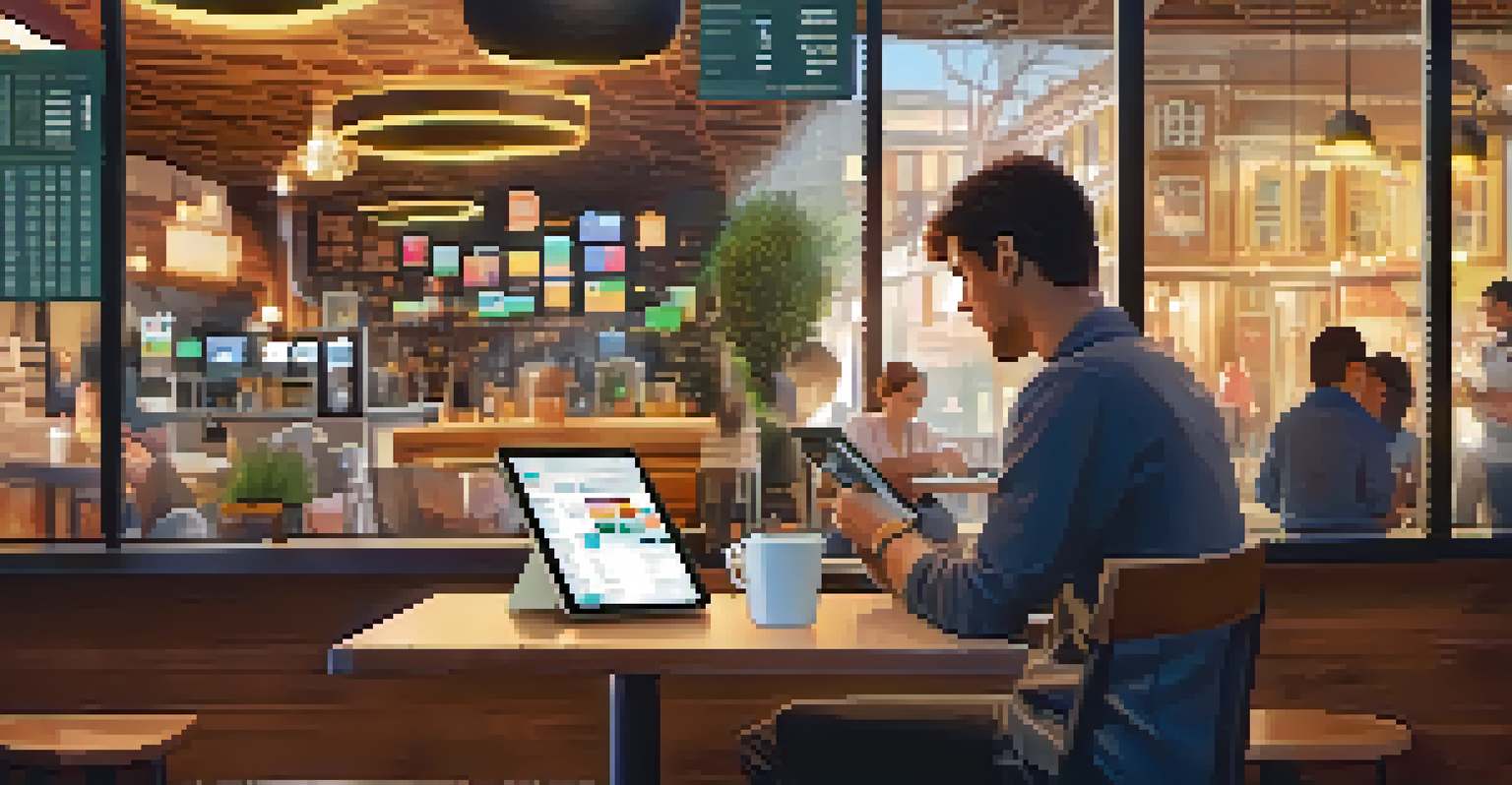 A person analyzing data on a tablet in a coffee shop, with colorful charts displayed on the screen and a cozy café setting in the background.