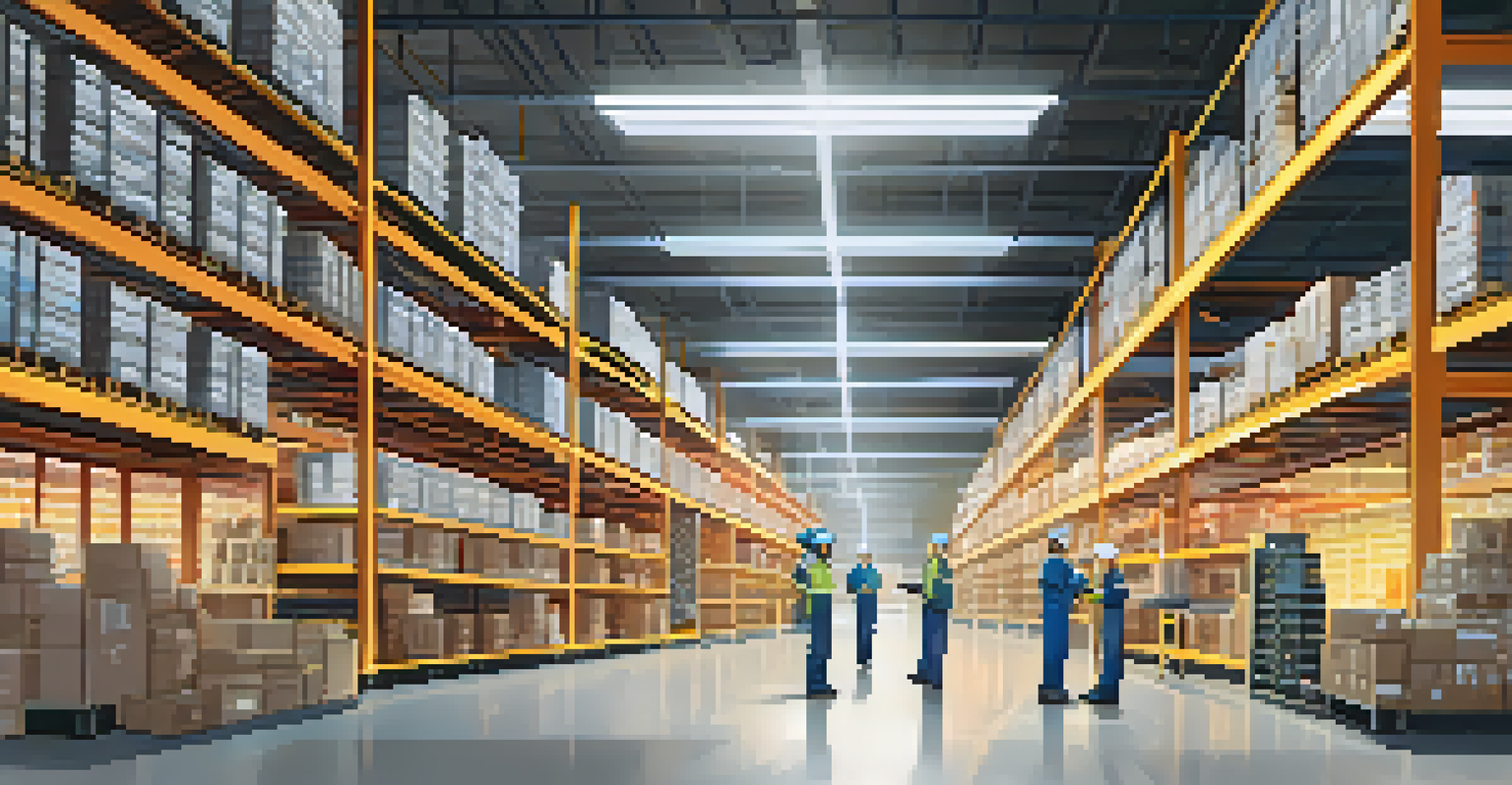 A warehouse with workers using devices to manage inventory, shelves filled with products, and a digital display showing inventory levels.