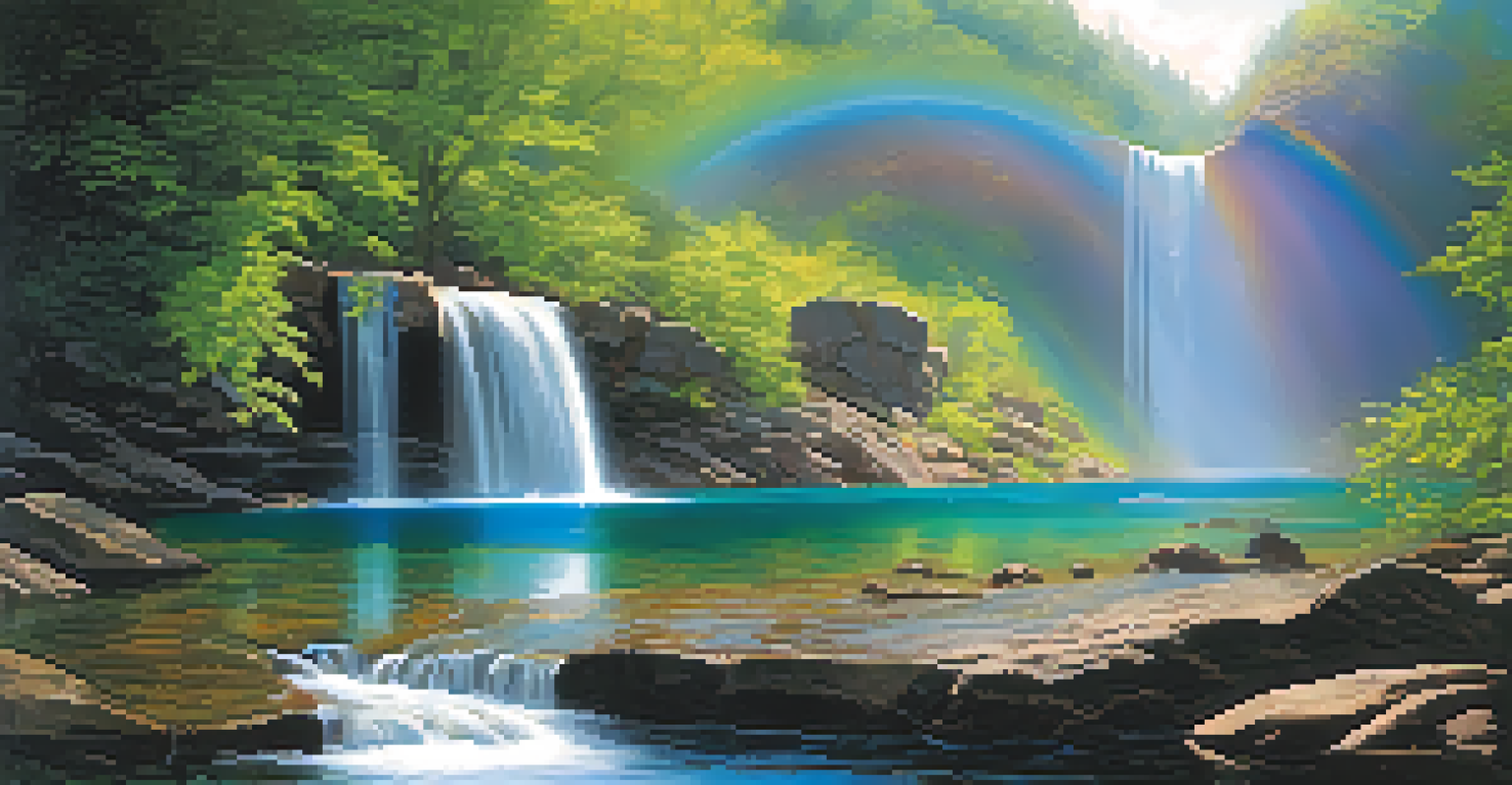 A beautiful waterfall surrounded by green foliage and sparkling water in a peaceful setting.