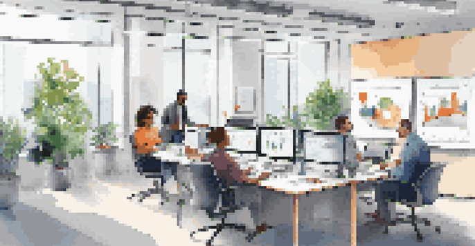 A diverse group of IT professionals in a bright office discussing IT service management strategies around a whiteboard.