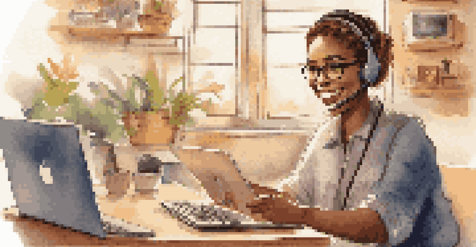 A customer service representative smiling while interacting with a customer through social media on a laptop in a cozy workspace.
