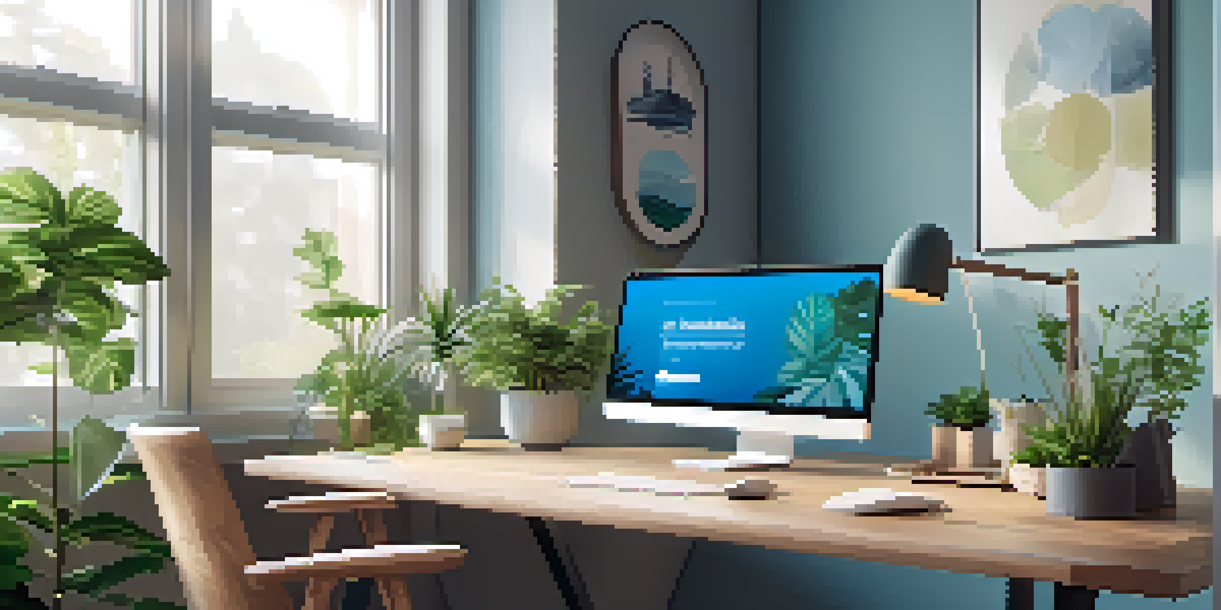 A modern and ergonomic workspace with plants, a laptop, and calming colors.