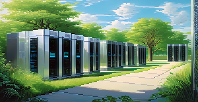 A modern server room integrated into a lush natural landscape, showcasing technology amidst greenery and sunlight.