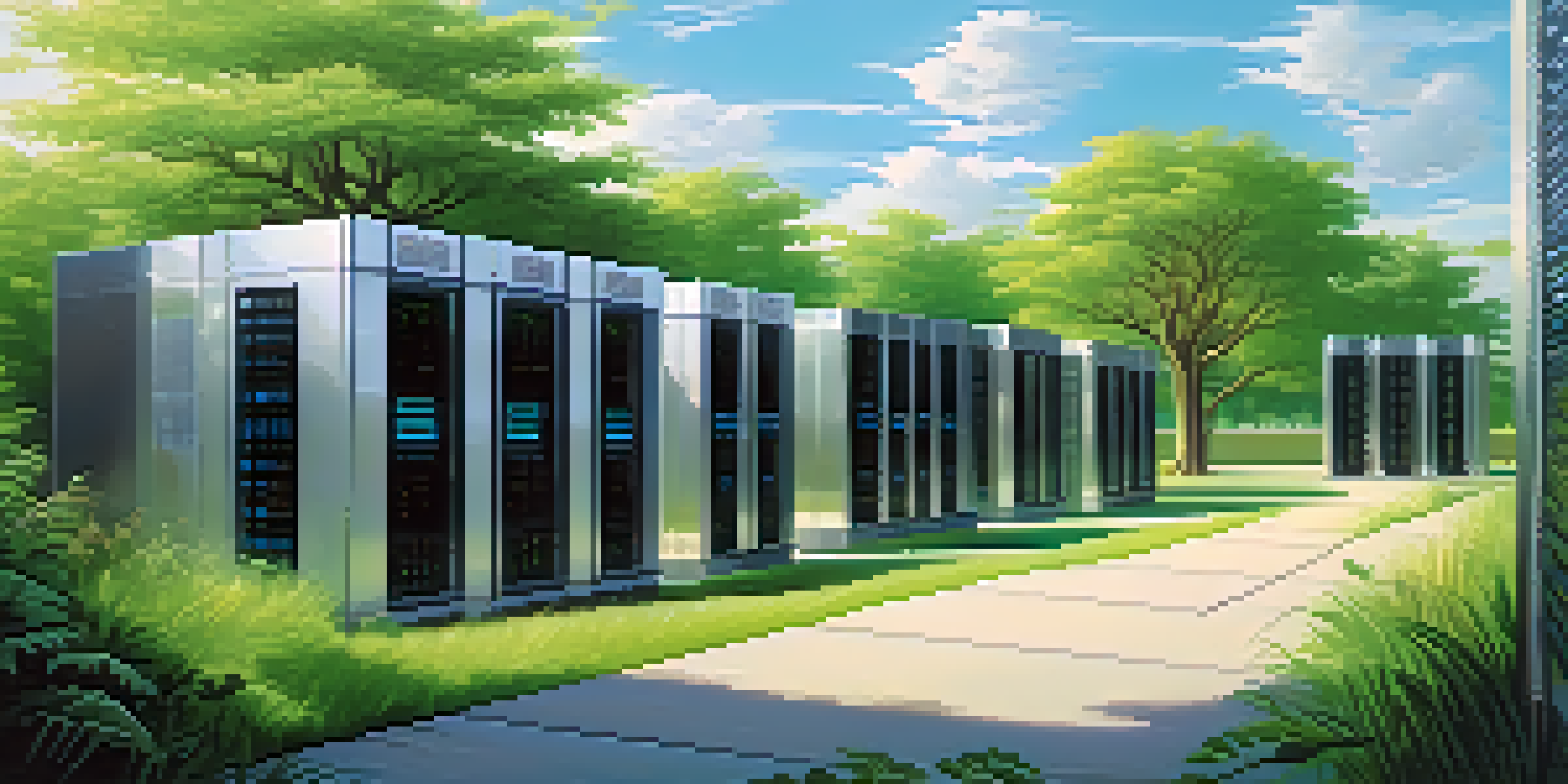 A modern server room integrated into a lush natural landscape, showcasing technology amidst greenery and sunlight.