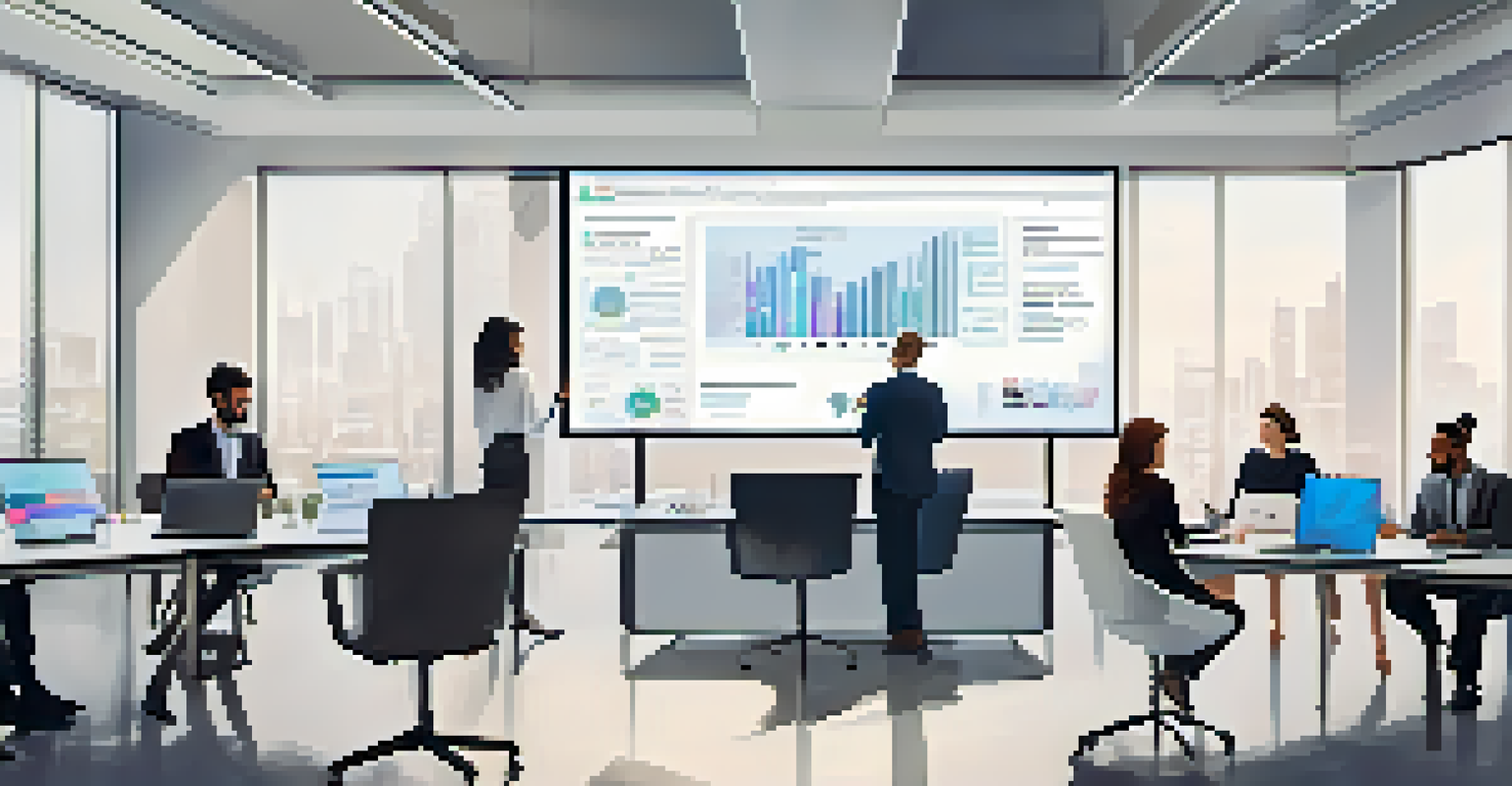 A diverse group of professionals in a modern office analyzing social media data on a large screen, promoting collaboration.