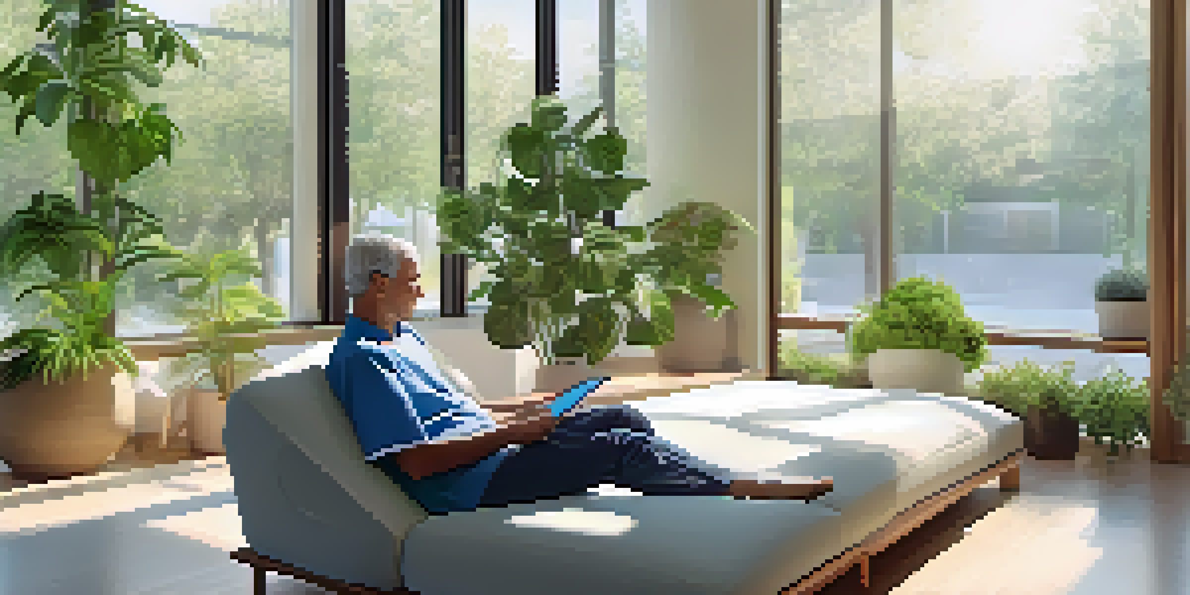 A middle-aged man using a digital therapeutic app on a tablet in a bright healthcare setting, with natural light and a plant in the background.