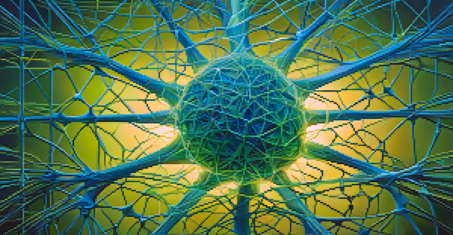 An abstract visualization of neuroevolution with glowing neural networks depicted as interconnected nodes and lines in vibrant colors.