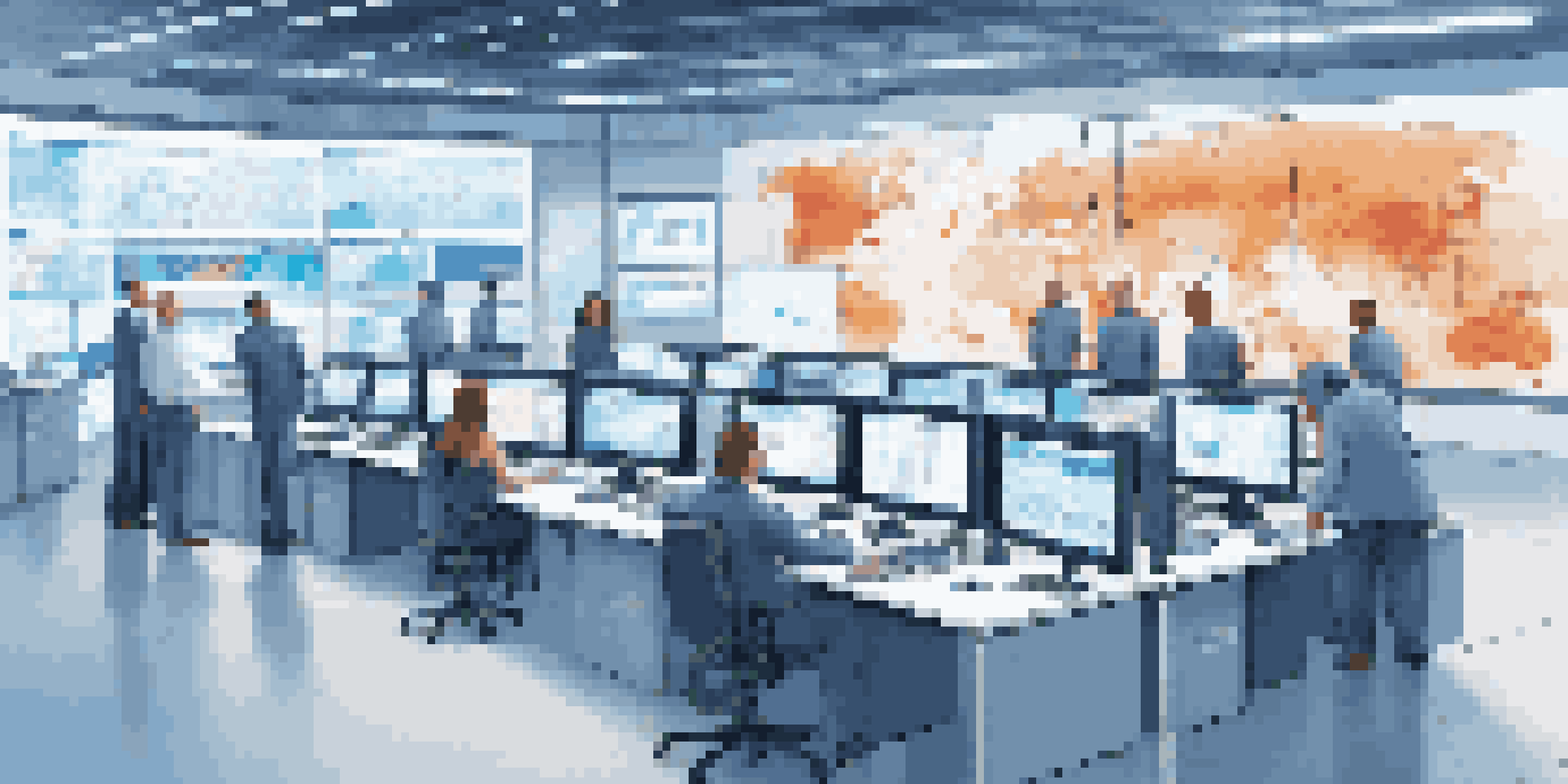 A high-tech control room with screens showing real-time supply chain analytics and a diverse team of professionals working together.