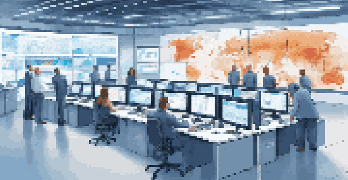 A high-tech control room with screens showing real-time supply chain analytics and a diverse team of professionals working together.