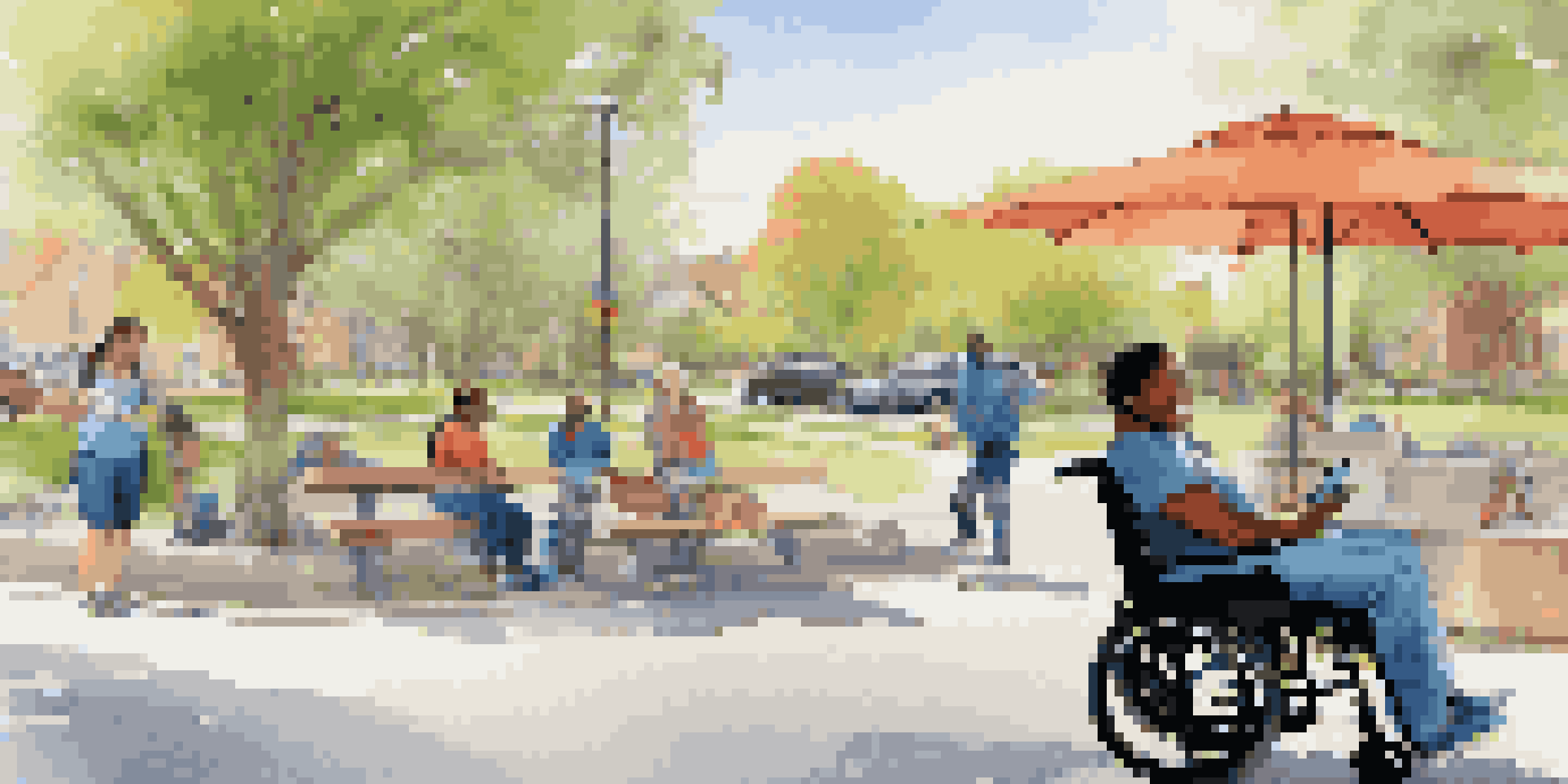 A community gathering with a disabled individual using a smartphone to arrange a ride, while a volunteer prepares a wheelchair-accessible van in a sunny park.