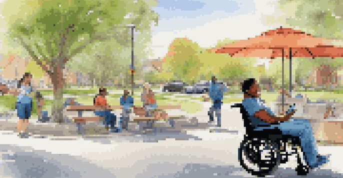 A community gathering with a disabled individual using a smartphone to arrange a ride, while a volunteer prepares a wheelchair-accessible van in a sunny park.