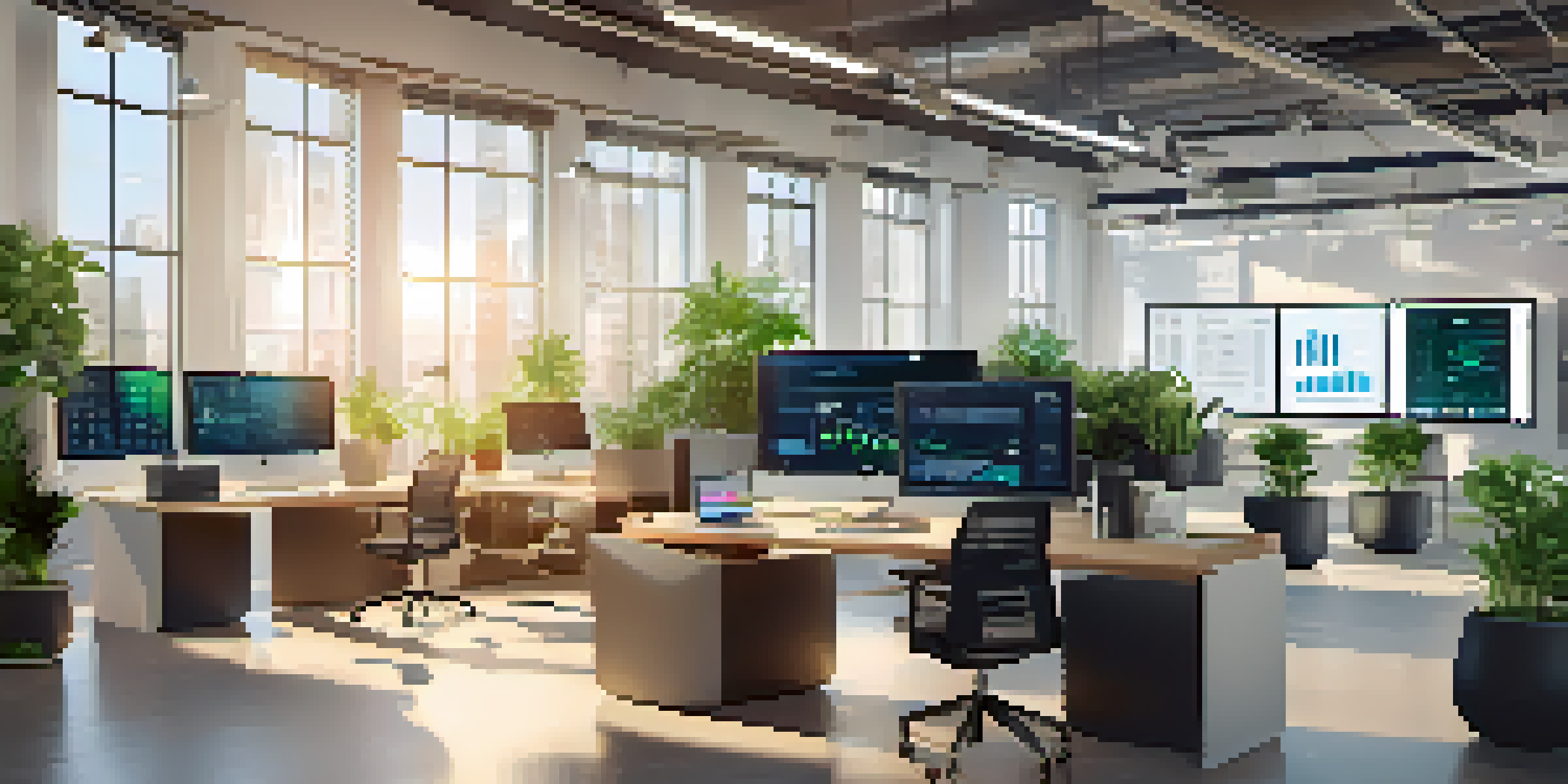 A modern office workspace with multiple screens showing SaaS applications and data visualizations, illuminated by natural sunlight.